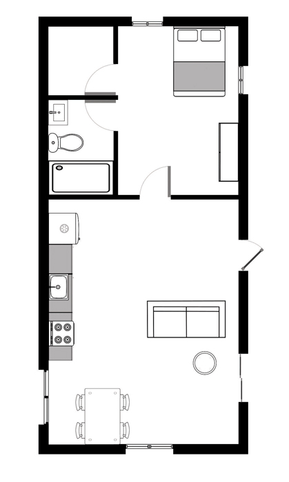 Sample floorplan of single-story 418 square foot Junior ADU with bedroom with a walk-in closet, one bathroom, and one living room/kitchen/dining room. The unit is a rectangle. The upper portion is a master bedroom with a walk-in closet and a bathroom with space for a tub. The bottom half of the unit is the kitchen/living/dining room. There is one entrance into the living room area.