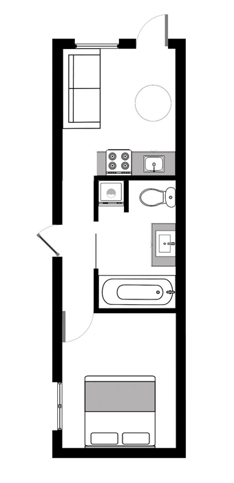 Sample floorplan of single-story 300 square foot ADU with one bedroom, one bathroom, and one living room/kitchen. The unit is a long rectangle. The upper portion is the living room/kitchen. The center portion is a hallway and bathroom with a tub and closet for a stacked washer/dryer. The bottom portion of the unit is the bedroom. There are two entrances: one enters the living area, one enters the hallway.