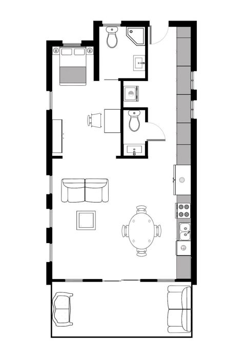 Sample floorplan of single-story 746 square foot ADU with one bedroom, two bathrooms, one living room/kitchen/dining room and one sunroom. The unit is a long rectangle with a slight protrusion in the upper right portion. The upper right portion is an entrance hall with access to a laundry nook for a stacked washer/dryer and a half bath. The hallway enters into the large kitchen/living room areas. The upper left portion of the unit is the master bedroom with a wardrobe and bathroom with a shower. The lower portion of the unit is the sunroom. There is one entrance into the entry hall.
