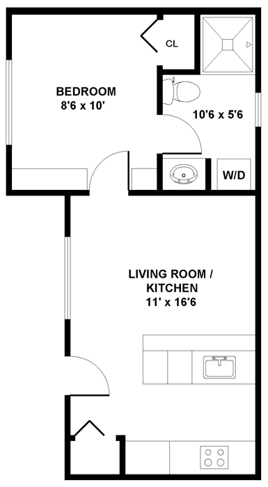 Sample floorplan of single-story 336 square foot ADU with one bedroom, one bathroom and one living room/kitchen. The unit is a long rectangle with a slight leftward protrusion at the top. The upper portion of the unit is the bedroom and bathroom with a shower and space for a stacked washer/dryer. The remainder of the unit is the living room/kitchen with a reach-in closet. There is one entrance into the living room.
