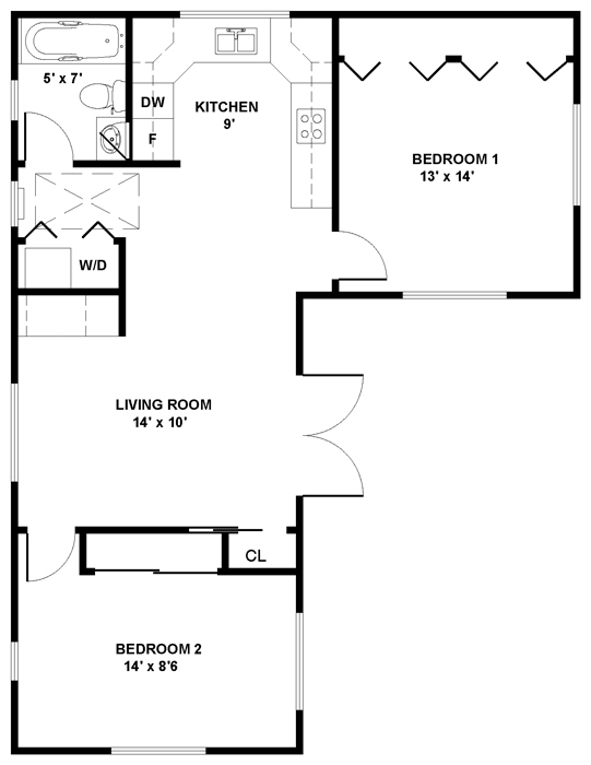 Sample floorplan of single-story 700 square foot ADU with two bedrooms, one bathroom, one living room, and one kitchen. The unit is shaped like an upside-down L. A bedroom with a large reach-in closet occupies the protrusion that is the upper right corner of the structure. The kitchen is directly to the left of the bedroom. The bathroom with space for a tub is in the upper left corner. Across a short hall, is a closet for a washer and dryer. Below the kitchen and hall area is the living room with a reach-in closet. Below that is the other bedroom with a reach-in closet. There is one entrance into the living room.