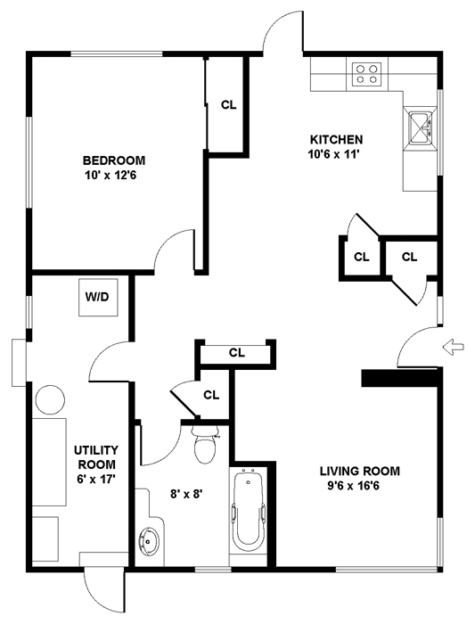 Sample floorplan of single-story 640 square foot ADU with one bedroom, one bathroom, one living room, and one kitchen and one utility room. The unit is rectangular. The bedroom is in the upper left corner with a reach-in closet. The kitchen with a reach-in closet is in the upper right corner. The main entrance hall is in the center-right portion of the unit and has two reach-in closets. The living room is in the lower right corner. The bathroom with space for a tub and with one reach-in closet just outside the door is in the lower center portion of the unit. The lower left portion of the unit has a long skinny utility room with space for a washer/dryer. There are three entrances: into the entrance hall, into the kitchen and into the utility room.