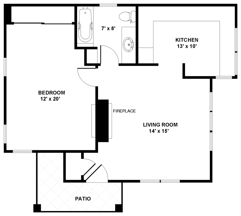 Sample floorplan of single-story 674 square foot ADU with one bedroom, one bathroom, one living room, one kitchen and one patio. An irregularly shaped ADU. The left portion of the ADU is the bedroom with a reach-in closet. The kitchen is in the upper right corner. The bathroom with a tub and a reach-in closet is between the kitchen and the bedroom. The living room with a reach-in closet is below the kitchen and bathroom. There’s a fireplace in the living room set in the wall that is shared with the bedroom. There is one entrance into the living room from the front patio.