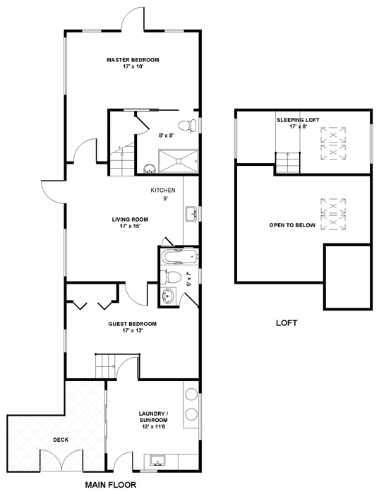 Sample floorplan of two-story 875 square foot ADU with two bedrooms, one sleeping loft, two bathrooms, one living room/kitchen, one laundry room/sunroom and one deck. The unit is a long rectangle. The master bedroom and bathroom with a tub is in the upper part of the unit. The living room / kitchen is in the upper-central portion of the unit. The guest bedroom and bathroom with a tub are in the lower-central portion of the unit. The bottom portion of the unit is split between a laundry/sunroom and a deck which protrudes to the left a bit. A sleeping loft is directly above the master bedroom and is accessible from the living room. There are four entrances: one into the master bedroom, one into the living room and two into the laundry/sunroom.