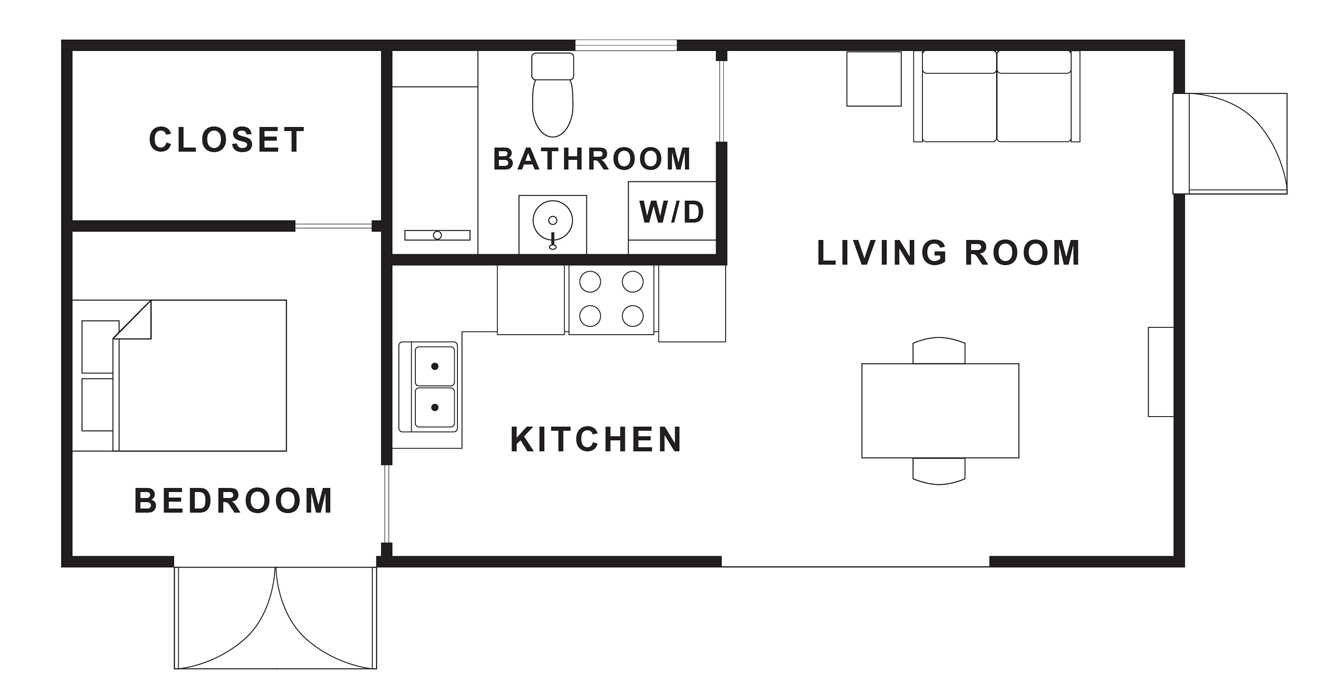 Sample floorplan of single-story 544 square foot ADU with one bedroom with a walk-in closet, one bathroom, one living room, and one kitchen. The unit is rectangular. The left portion of the unit has the bedroom and walk-in closet. The bathroom with a tub and space for a stacked washer/dryer is in the upper-center portion. The remainder of the unit has the kitchen and living room areas. There are two entrances: one into the living room and one into the bedroom.