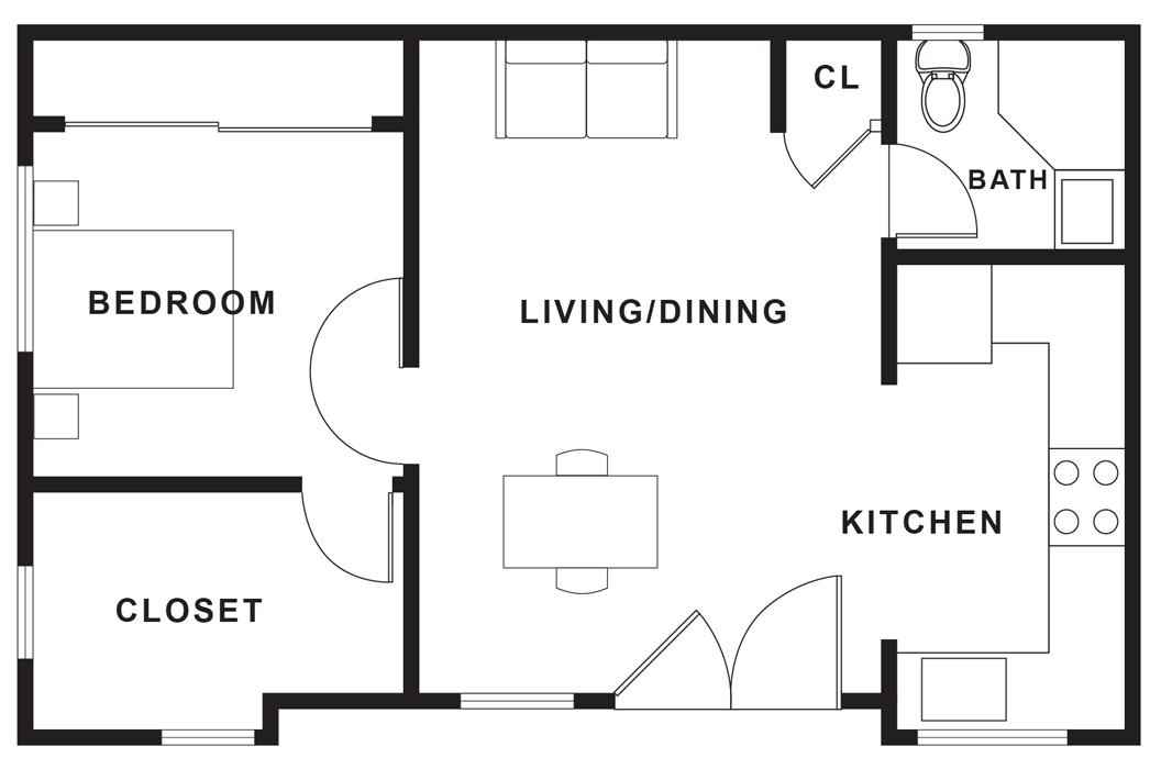 Sample floorplan of single-story 550 square foot ADU with one bedroom with a large walk-in closet, one bathroom, one living/dining room and one kitchen. The unit is a rectangle. The bedroom is in the upper left corner with a long reach-in closet and a large walk-in closet. The living/dining room is in the center of the unit. The kitchen is tucked into the lower right corner. The small bathroom with a shower is in the upper right corner. There is one entrance into the living/dining area.