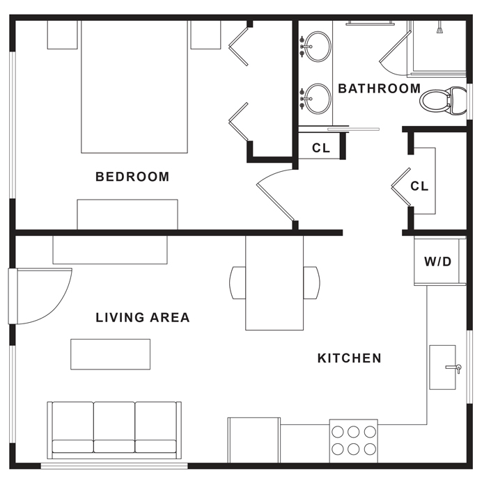 Sample floorplan of single-story 576 square foot ADU with one bedroom, one bathroom, one living room, and one kitchen/dining room. The unit is square. The bedroom with a reach-in closet is in the upper left corner. The bathroom with a shower and two sinks is in the upper right corner. The short hall connecting the bedroom with the bathroom and kitchen area has two reach-in closets. The kitchen is in the lower right corner of the house and includes a nook for a stacked washer/dryer. The living area is in the lower left corner. There is one entrance into the living area.