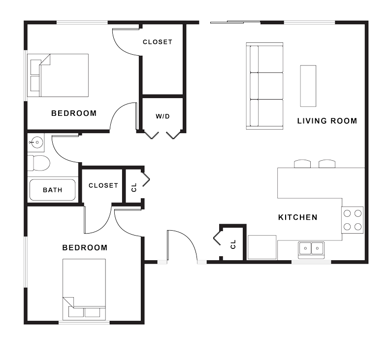 Sample floorplan of single-story 900 square foot ADU with two bedrooms, one bathroom, one living room, and one kitchen. The unit is a rectangle with a downward protrusion in the lower left corner. A bedroom with a walk-in closet is in the upper left corner. The bathroom with a tub is directly below the bedroom against the left wall. The other bedroom with a reach-in closet is in the lower left corner, occupying the protrusion. The kitchen and the living room share the right half of the structure with one reach-in closet. A closet for the washer/dryer is between the living room space and the upper bedroom. There are two entrances into the main living room/kitchen area.