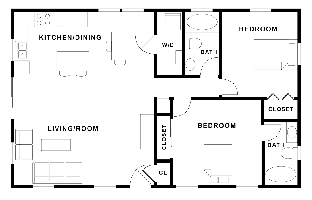 Sample floorplan of single-story 1,100 square foot ADU with two bedrooms, two bathrooms, one living room, and one kitchen/dining room. The Kitchen/dining area occupies the upper half, and the living room occupies the lower half of the left portion of the house with access to a reach-in closet and the washer/dryer room. The master bedroom and bathroom with a tub are in the lower right corner with one reach-in closet. The other bedroom is in the upper right corner and is equipped with a reach-in closet. There is a second bathroom with a tub accessible from the hallway.