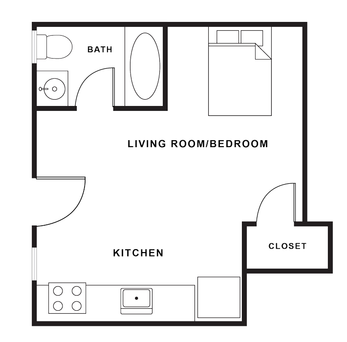 Sample floorplan of single-story 300 square foot Junior ADU studio unit with one bathroom. The bathroom with a tub is in the upper left corner. The living room/bedroom/kitchen occupies the rest of the unit with one large reach-in closet in the lower right corner. There is one entrance into the main room.