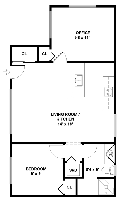 Sample floorplan of single-story 609 square foot square foot ADU with one bedroom, one bathroom, one living room/kitchen and one office. Unit is stacked rectangle with an upward protrusion in the upper right corner. The protrusion is an office with a small reach-in closet. The central part of the unit is the living room/kitchen with a reach-in closet by the entrance. The lower left corner is a modest bedroom with a small reach-in closet. The lower right corner has a bathroom with a shower. Between the bathroom and bedroom is a nook for a stacked washer/dryer unit. There is one entrance into the living room/kitchen.