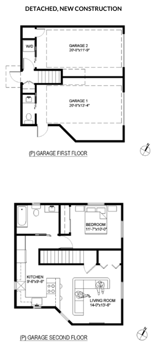 Sample floorplan of two-story 657 square foot structure. Bottom story is a 2-car garage. The upper story is ADU with one bedroom, one bathroom, one living room, and one kitchen. There is a half bath, a reach-in closet and space for a stacked washer/dryer on the first story with the garage. The staircase connecting the two stories is in the center of the floorplan. The bathroom with space for a tub is in the upper left corner. The bedroom with a reach-in closet is in the upper right corner. Small kitchen in lower left corner. The living room with a reach in closet in bottom right corner. The garage has two doors and two garage doors.