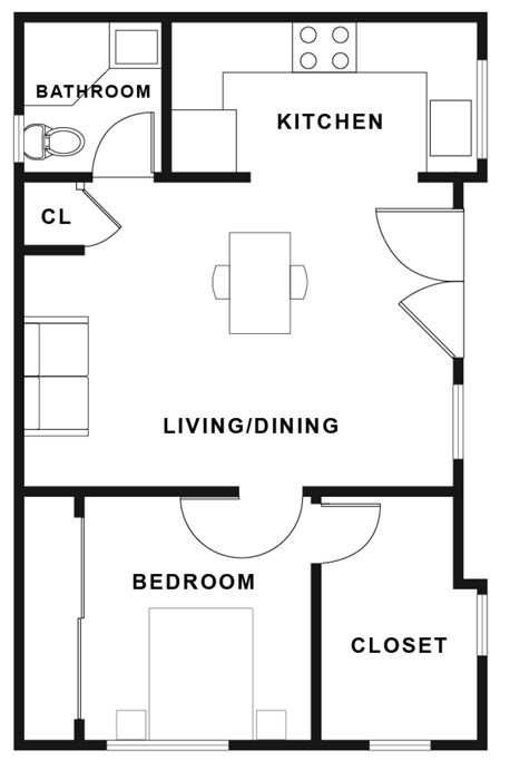 Sample floorplan of single-story 500 square foot, single-story ADU with one bedroom including a large walk-in closet, one bathroom, one living/dining room and one kitchen. The small bathroom with room for a shower is in the upper left corner. Small kitchen in the upper right corner. Living/Dining room central and is the biggest room in the house. Modest bedroom in lower left corner. Includes one reach in closet and one large walk-in closet. There is one entrance into the living/dining room.