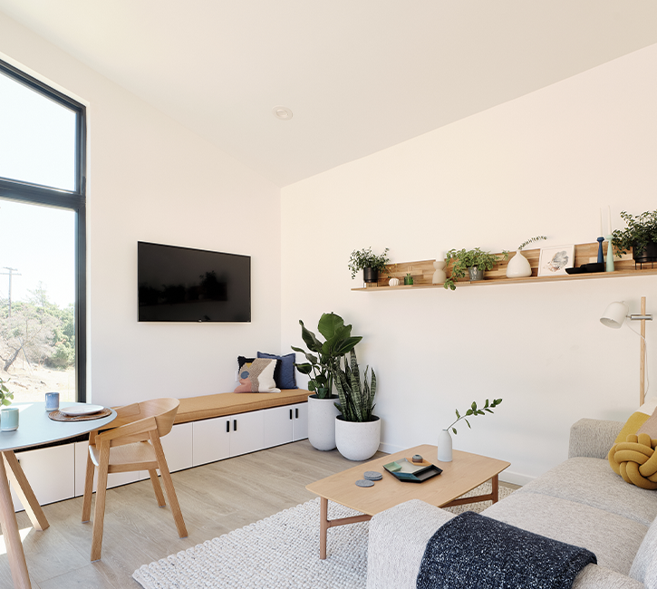 Modern living room in an ADU with windows, a TV, a small dining table a couch and many houseplants.